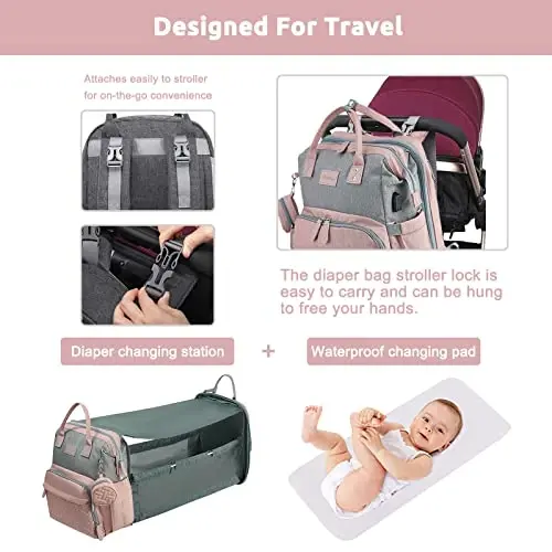 JOLLITO Baby Diaper Bag Backpack with Changing Station, Large Capacity, Stroller Straps and USB Charging Port, Baby Registry Search for Boys & Girls - 6