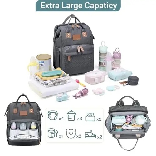 JOLLITO Diaper Bag Backpack with Changing Station Large Capacity Multifunction Baby Bags for Boy Girl Travel For Moms Dads Baby Registry Search Essentials Shower Gifτs Gray - 3