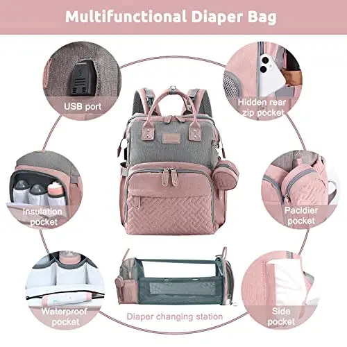JOLLITO Baby Diaper Bag Backpack with Changing Station, Large Capacity, Stroller Straps and USB Charging Port, Baby Registry Search for Boys & Girls - 4