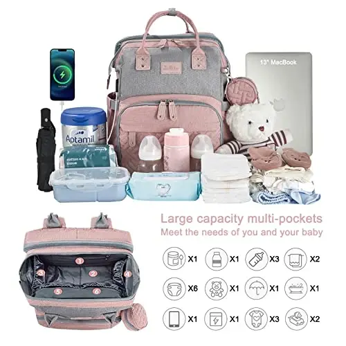 JOLLITO Chaqaloq Diaper Bag Backpack, O'zgartirish Stansiyasi bilan, Katta Sig'im, Aravachalar uchun Qayishlar va USB Zaryadlash Porti, Chaqaloq Ro'yxatidan Qidirish O'g'il va Qizlar uchun - 2