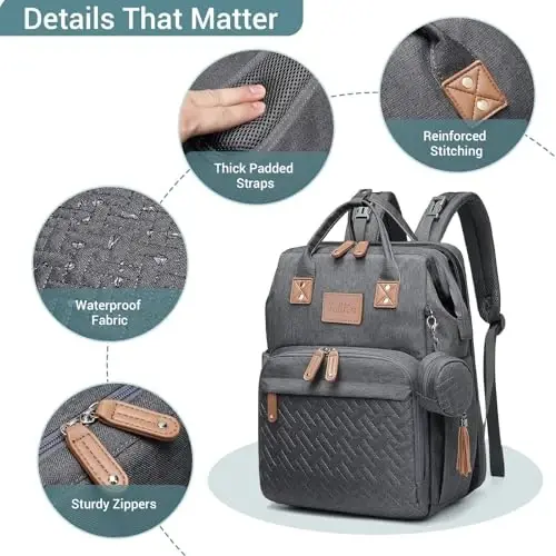JOLLITO Diaper Bag Backpack with Changing Station Large Capacity Multifunction Baby Bags for Boy Girl Travel For Moms Dads Baby Registry Search Essentials Shower Gifτs Gray - 5