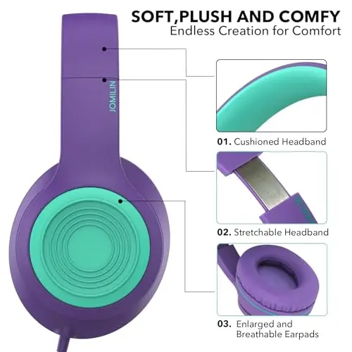 JOMILIN A8 simli mikrofonli quloqchinlar, yengil buklanadigan portativ garnitura, 1,5M chalkashmaydigan simli, smartfon planshet kompyuter MP3 / 4 uchun 3,5 mm ulagichli quloqchinlar (Binafsha) - 4