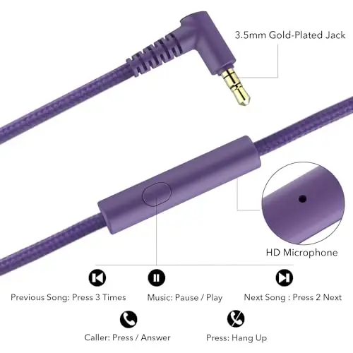 JOMILIN A8 simli mikrofonli quloqchinlar, yengil buklanadigan portativ garnitura, 1,5M chalkashmaydigan simli, smartfon planshet kompyuter MP3 / 4 uchun 3,5 mm ulagichli quloqchinlar (Binafsha) - 5