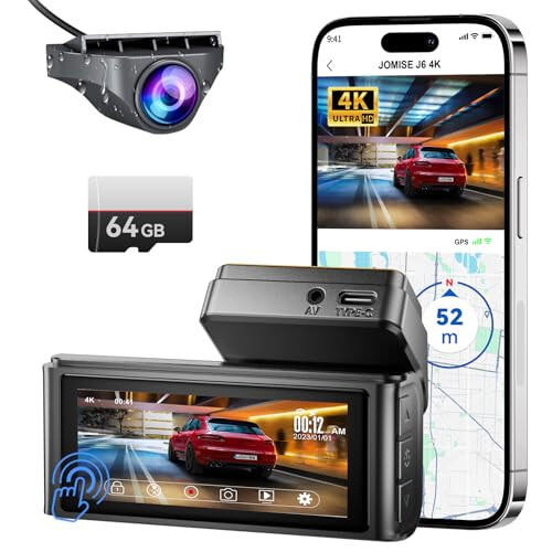 JOMISE 4K Dash Cam Front and Rear, 3.16” IPS Touch Screen, 64GB Card Included, Dual Dash Camera for Cars, Built-in GPS Wi-Fi, UHD 2160P Night Vision, WDR, 24H Parking Monitor (J6) - 1