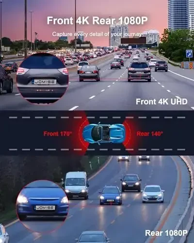 JOMISE 4K Dash Cam Front and Rear, 3.16” IPS Touch Screen, 64GB Card Included, Dual Dash Camera for Cars, Built-in GPS Wi-Fi, UHD 2160P Night Vision, WDR, 24H Parking Monitor (J6) - JOMISE