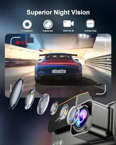 JOMISE 4K Dash Cam Front and Rear, 3.16” IPS Touch Screen, 64GB Card Included, Dual Dash Camera for Cars, Built-in GPS Wi-Fi, UHD 2160P Night Vision, WDR, 24H Parking Monitor (J6) - 3