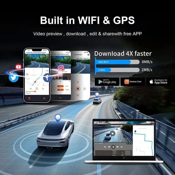 JOMISE Dual Dash Cam Oldin Orqa 4K Full HD Kamera Avtomobillar Wi-Fi GPS 170° G-Sensor Kechasi Ko'rish - 7