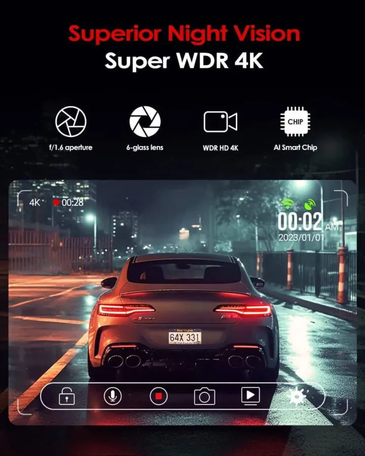 JOMISE Двойная автомобильная видеорегистратор Передняя и задняя камера 4K Full HD Wi-Fi GPS 170° G-сенсор Ночное видение - 8