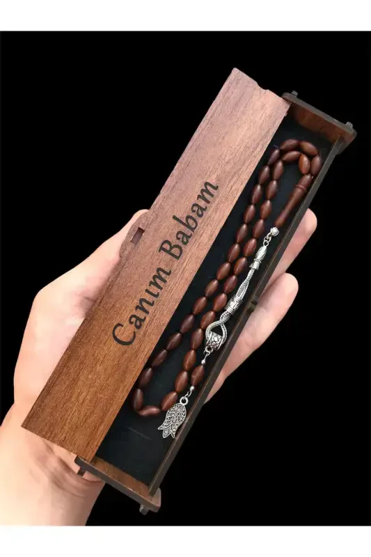 Jonajon Dadam Yozuvli Yog'och Qutili Sancaq Popukli Ko'k Chaqmoqtosh Tasbeh-Quti - 1