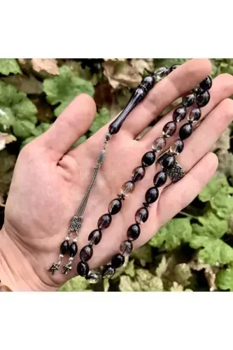 Jonajon Otam Yozuvli Qora Shaffof Harali Maxsus Yog'och Qutidagi Tasbeh-shaffof qora - 4