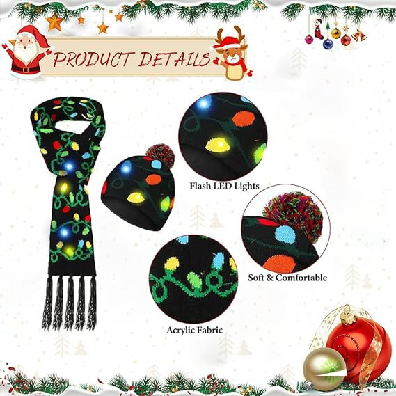 JoviaFesta Christmas LED Beanie Hat & Scarf, Light up Hat Knitted Scarf Set Xmas Light up Hats for Women Man - JoviaFesta (1)
