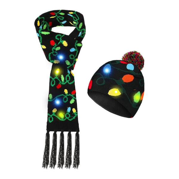 JoviaFesta Christmas LED Beanie Hat & Scarf, Light up Hat Knitted Scarf Set Xmas Light up Hats for Women Man - 1