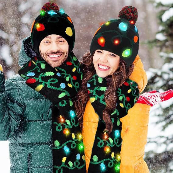 JoviaFesta Christmas LED Beanie Hat & Scarf, Light up Hat Knitted Scarf Set Xmas Light up Hats for Women Man - 4