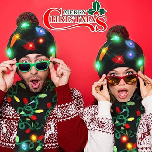 JoviaFesta Christmas LED Beanie Hat & Scarf, Light up Hat Knitted Scarf Set Xmas Light up Hats for Women Man - 5