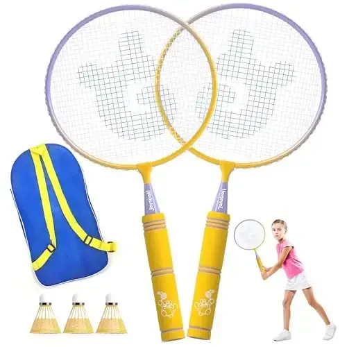 JOY SPOT! Bolalar uchun badminton raketkalari to'plami Yumshoq tutqich, katta o'lchamli va yengil volanli raketka Bolalar yoshlar uchun sumka bilan, yopiq va ochiq havoda orqa hovlida 2 o'yinchi uchun sport o'yini 