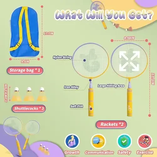 JOY SPOT! Bolalar uchun badminton raketkalari to'plami Yumshoq tutqich, katta o'lchamli va yengil volanli raketka Bolalar yoshlar uchun sumka bilan, yopiq va ochiq havoda orqa hovlida 2 o'yinchi uchun sport o'yini - 6