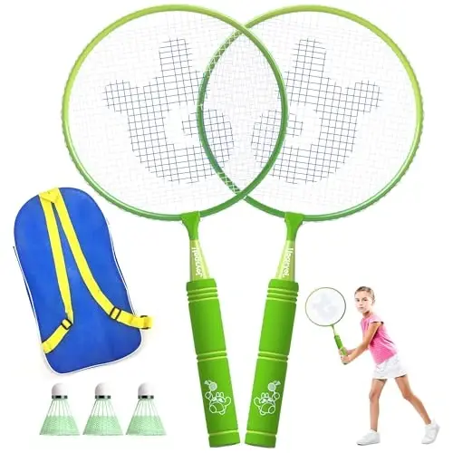 JOY SPOT! Bolalar uchun badminton raketkalari to'plami Yumshoq tutqichli, katta o'lchamli va yengil volanli raketka, bolalar va o'smirlar uchun sumka bilan, yopiq va ochiq havoda o'ynash uchun 2 o'yinchi sport o'yini - 1