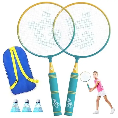 JOY SPOT! Kids Badminton Rackets Set with Soft Grip, Oversize & Lightweight Shuttlecocks Racquet with Carry Bag for Children Youth, 2 Player Sport Game for Indoor Outdoor Backyard 