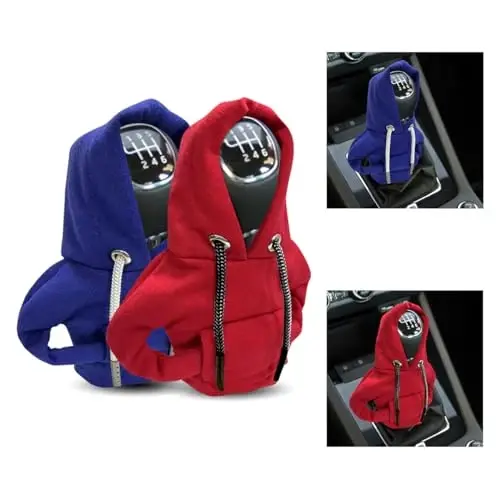 JOYCOURT 2PCS Car Gear Shift Cover, Winter Warm Fashionable Hoodie Car Shift Knob, Auto Decor Interior Accessories Shift Knob for Car, SUV, Truck (Red&Blue) 