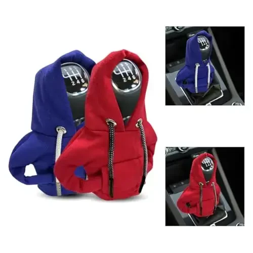 JOYCOURT 2PCS Avtomobil vites o'tkazgich qopqog'i, Qishki iliq moda kapüşonli avtomobil vites dastagi, Avtomobil uchun avtomatik dekor interyer aksessuarlari, SUV, Yuk mashinasi (Qizil va ko'k) - 1