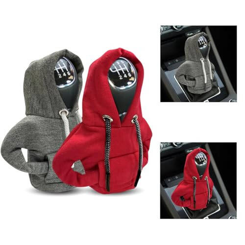 JOYCOURT 2PCS Car Gear Shift Cover, Fashionable Hoodie Car Shift Knob, Winter Warm Gear Shift Knob Cover Sweater Shirt, Auto Interior Accessories, Universal Car Decor Accessories (Red&Gray) - 1