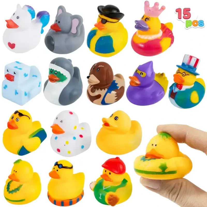 Joyfy 15 Pcs Rubber Ducks, Random Assortment Mini Rubber Duckie Toys with Mesh Carry Bag for Kids Baby Bath Shower Toys, Birthday Gifts, Summer Beach Pool Activity, Party Favors - 1
