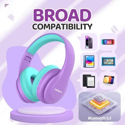 JoySpark Kids Bluetooth Headphones, Lightweight Wireless Headphones for Kids, 85/94dB Volume Limited, 60 Hours Playtime, Bluetooth 5.3, Over-Ear Toddler Headsets with Built-in Mic-Purple - 5