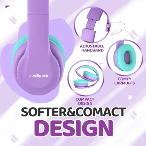 JoySpark Kids Bluetooth Headphones, Lightweight Wireless Headphones for Kids, 85/94dB Volume Limited, 60 Hours Playtime, Bluetooth 5.3, Over-Ear Toddler Headsets with Built-in Mic-Purple - 3