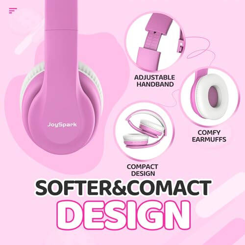 JoySpark Kids Bluetooth Headphones, Lightweight Kids Wireless Headphones for Kids, 85/94dB Volume Limited, 60 Hours Playtime, Bluetooth 5.3, Over-Ear Toddler Headphones with Built-in Mic - Pink - 3