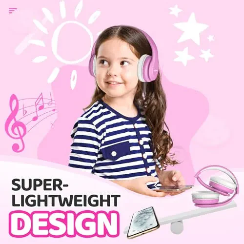 JoySpark Kids Bluetooth Headphones, Lightweight Kids Wireless Headphones for Kids, 85/94dB Volume Limited, 60 Hours Playtime, Bluetooth 5.3, Over-Ear Toddler Headphones with Built-in Mic - Pink - 5