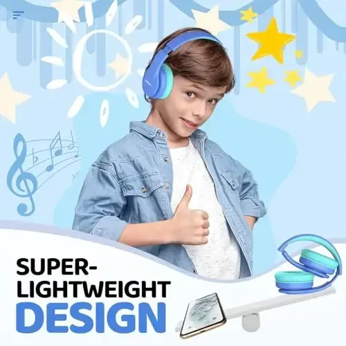 JoySpark Kids Bluetooth naushniklari, bolalar uchun engil simsiz naushniklar, 85/94 dB ovoz balandligi cheklangan, 60 soat ijro etish vaqti, Bluetooth 5.3, o'rnatilgan mikrofonli quloqchinli yosh bolalar uchun naushniklar - Moviy - 6