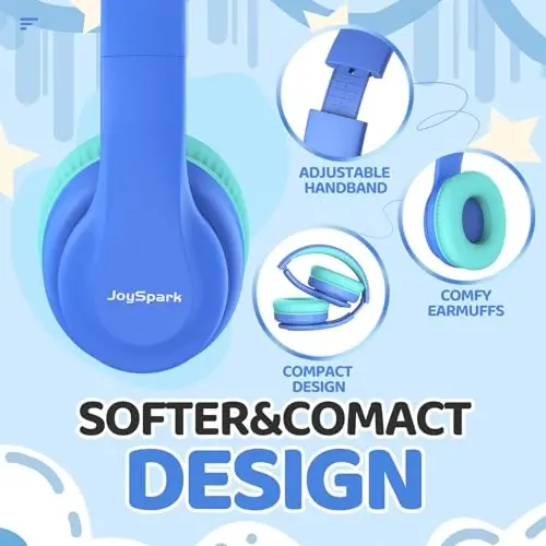 JoySpark Kids Bluetooth naushniklari, bolalar uchun engil simsiz naushniklar, 85/94 dB ovoz balandligi cheklangan, 60 soat ijro etish vaqti, Bluetooth 5.3, o'rnatilgan mikrofonli quloqchinli yosh bolalar uchun naushniklar - Moviy - 3