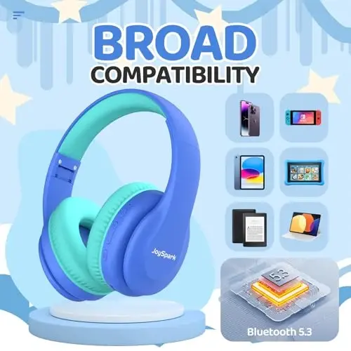 JoySpark Kids Bluetooth naushniklari, bolalar uchun engil simsiz naushniklar, 85/94 dB ovoz balandligi cheklangan, 60 soat ijro etish vaqti, Bluetooth 5.3, o'rnatilgan mikrofonli quloqchinli yosh bolalar uchun naushniklar - Moviy - 5