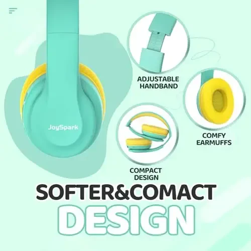 JoySpark Kids Bluetooth quloqchinlari, bolalar uchun engil simsiz quloqchinlar, 85/94dB ovoz balandligi cheklangan, 60 soat ijro etish vaqti, Bluetooth 5.3, o'rnatilgan mikrofonli quloqchinlar-yashil - 3