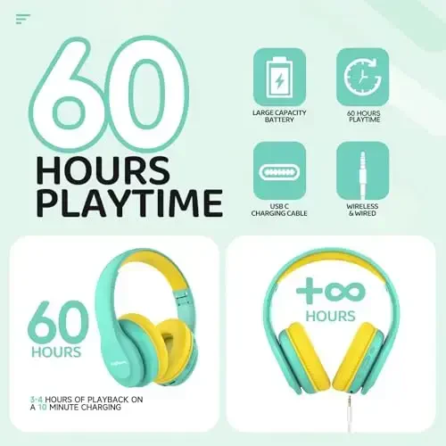 JoySpark Kids Bluetooth quloqchinlari, bolalar uchun engil simsiz quloqchinlar, 85/94dB ovoz balandligi cheklangan, 60 soat ijro etish vaqti, Bluetooth 5.3, o'rnatilgan mikrofonli quloqchinlar-yashil - 4