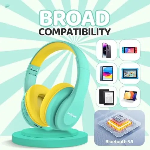 JoySpark Kids Bluetooth quloqchinlari, bolalar uchun engil simsiz quloqchinlar, 85/94dB ovoz balandligi cheklangan, 60 soat ijro etish vaqti, Bluetooth 5.3, o'rnatilgan mikrofonli quloqchinlar-yashil - 5