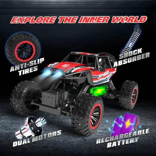 JoyStone 1: 12 RC Cars 4WD Off-Road 2.4Ghz RC Monster Truck with Metal Shell and Light, Remote Control Car Crawler for Adult and Kid, 2 Batteries, Red - 6