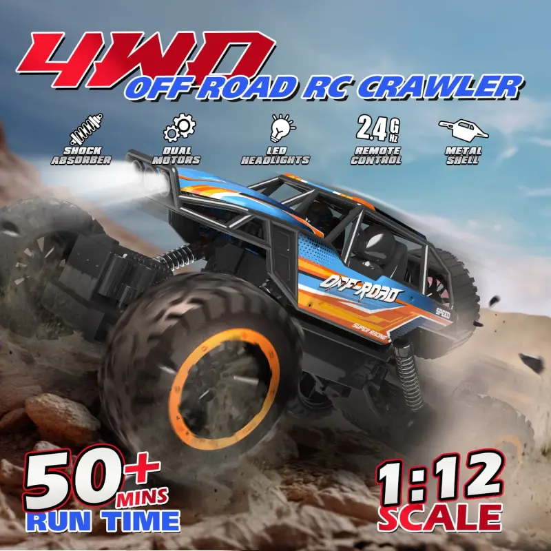 JoyStone 1: 12 RC Cars 4WD Off-Road 2.4Ghz RC Monster Truck with Metal Shell and Light, Remote Control Car Crawler for Adult and Kid, 2 Batteries, Blue-BLUE - 7