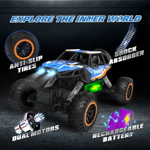 JoyStone 1: 12 RC Cars 4WD Off-Road 2.4Ghz RC Monster Truck with Metal Shell and Light, Remote Control Car Crawler for Adult and Kid, 2 Batteries, Dark Blue-DARKBLUE - 6