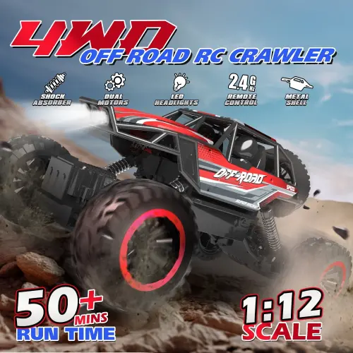 JoyStone 1: 12 RC Cars 4WD Off-Road 2.4Ghz RC Monster Truck with Metal Shell and Light, Remote Control Car Crawler for Adult and Kid, 2 Batteries, Red-RED - JOYSTONE (1)