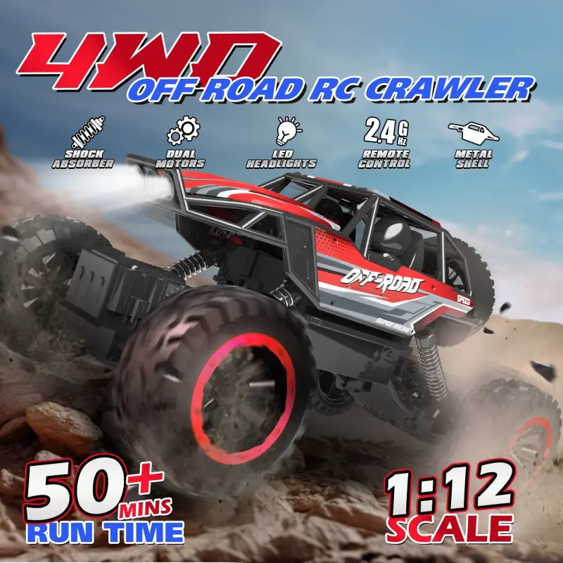 JoyStone 1: 12 RC Cars 4WD Off-Road 2.4Ghz RC Monster Truck with Metal Shell and Light, Remote Control Car Crawler for Adult and Kid, 2 Batteries, Red-RED - 2