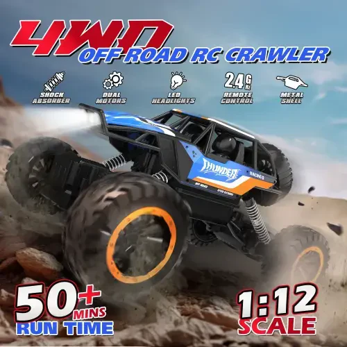 JoyStone 1:12 RC Cars 4WD Off-Road 2.4Ghz RC Monster Truck with Metal Shell and Light, Remote Control Car Crawler for Adult and Kid, 2 Batteries, Dark Blue - JOYSTONE (1)