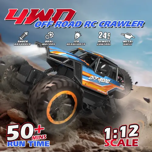 JoyStone 1:12 RC Mashinalar 4WD Off-Road 2.4Ghz RC Monster Truck, metall korpus va chiroq bilan, kattalar va bolalar uchun masofadan boshqarish pulti, 2 batareya, ko'k rang. - 7