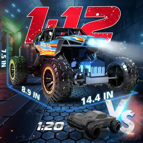 JoyStone 1:12 RC Mashinalar 4WD Off-Road 2.4Ghz RC Monster Truck, metall korpus va chiroq bilan, kattalar va bolalar uchun masofadan boshqarish pulti, 2 batareya, ko'k rang. - 9