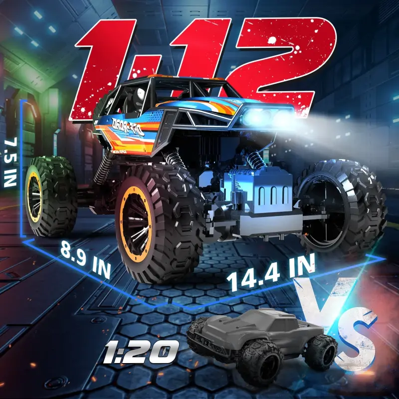 JoyStone 1:12 RC Mashinalar 4WD Off-Road 2.4Ghz RC Monster Truck, metall korpus va chiroq bilan, kattalar va bolalar uchun masofadan boshqarish pulti, 2 batareya, ko'k rang. - 9
