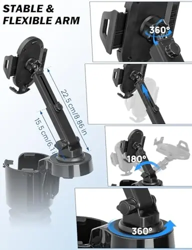 JOYTUTUS Cup Holder Phone Mount for Car, Car Cellphone Large Adapter Long Arm with 360 Degree Rotation, Compatible iPhone, Samsung & All Smartphones - 3