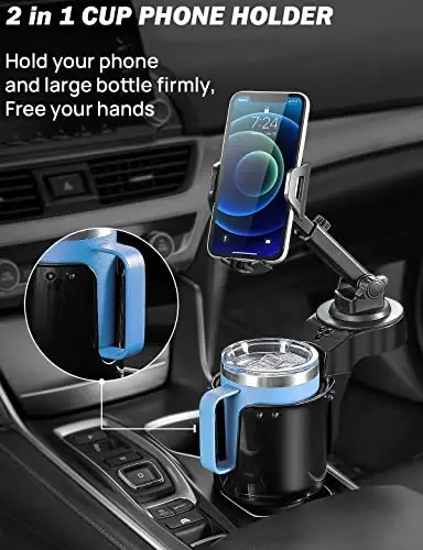 JOYTUTUS Cup Holder Phone Mount for Car, Car Cellphone Large Adapter Long Arm with 360 Degree Rotation, Compatible iPhone, Samsung & All Smartphones,Black,1 Pack - JOYTUTUS (1)