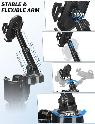 JOYTUTUS Cup Holder Phone Mount for Car, Car Cellphone Large Adapter Long Arm with 360 Degree Rotation, Compatible iPhone, Samsung & All Smartphones,Black,1 Pack - 3