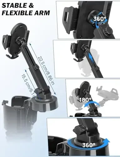 JOYTUTUS Cup Holder Phone Mount for Car, Car Cellphone Large Adapter Long Arm with 360 Degree Rotation, Compatible iPhone, Samsung & All Smartphones - 3