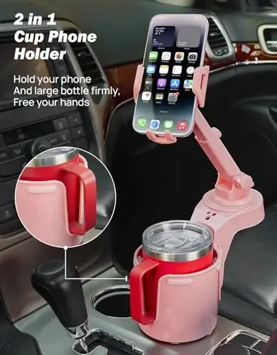 JOYTUTUS Cup Holder Phone Mount for Car, Car Cellphone Large Adapter Long Arm with 360 Degree Rotation, Compatible iPhone, Samsung & All Smartphones,Pink,1 Pack - 2